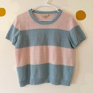 EUC ModCloth Pink and Blue Striped Pointelle Knit Short Sleeve Sweater